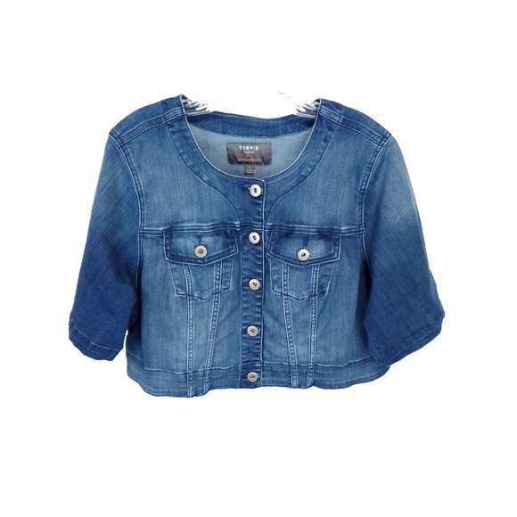Torrid Women's Round Neck Cropped Blue Demin Short Sleeve Jacket Size 2 - Picture 5 of 5